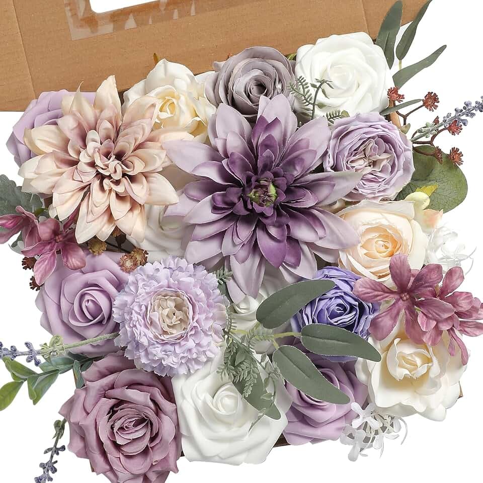 YYHUAWU Artificial Flowers Combo Set Fake Flower Leaf Box with Stems for DIY Wedding Bouquets Centerpieces Arrangements Baby Shower Party Home Decorations (Lilac)