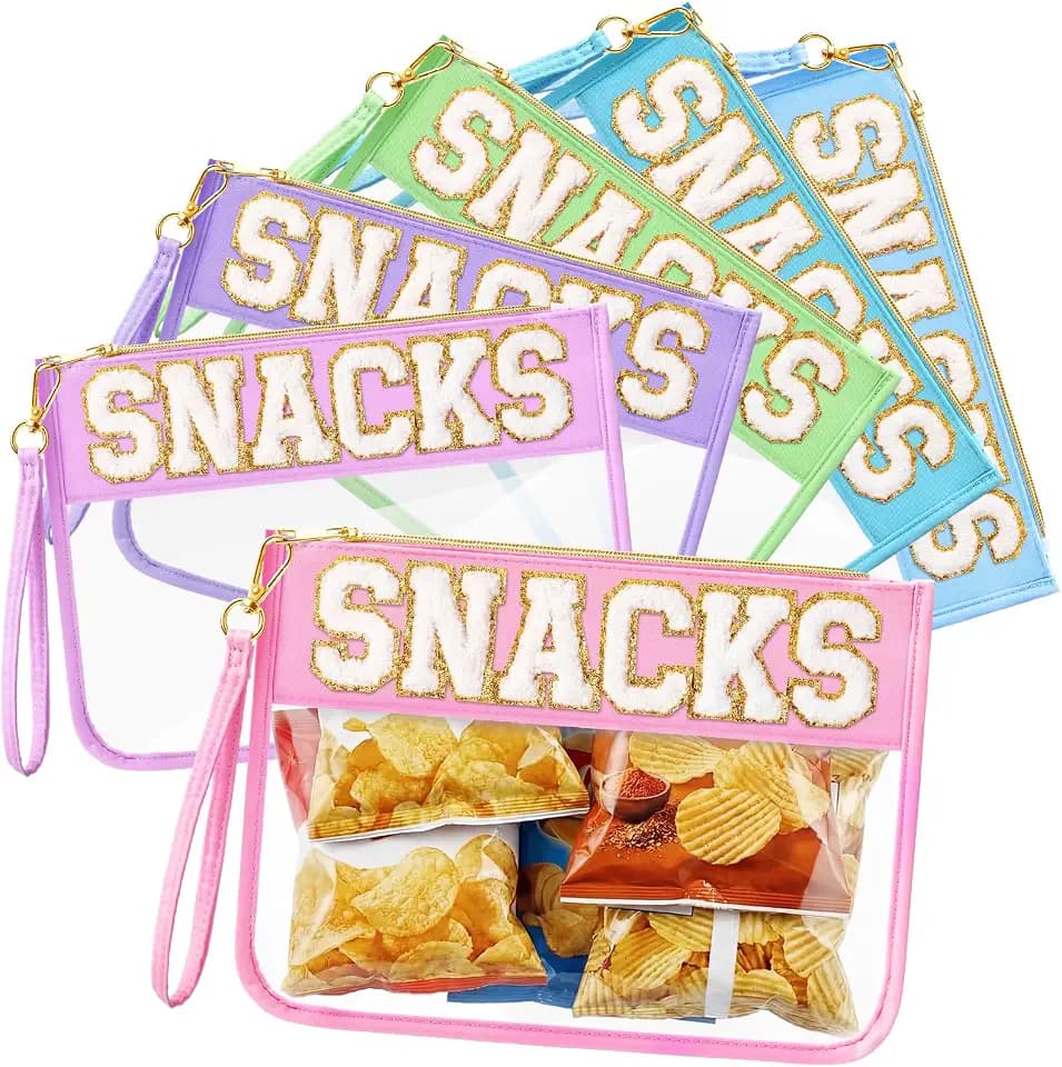 Kacctyen 6 Pcs SNACKS Bags Chenille Letter Clear Makeup Bag with Zipper Waterproof Cosmetic Toiletry Pouch with Handle Gym Travel Summer Gifts for Women Girls (Macarons, Snacks)