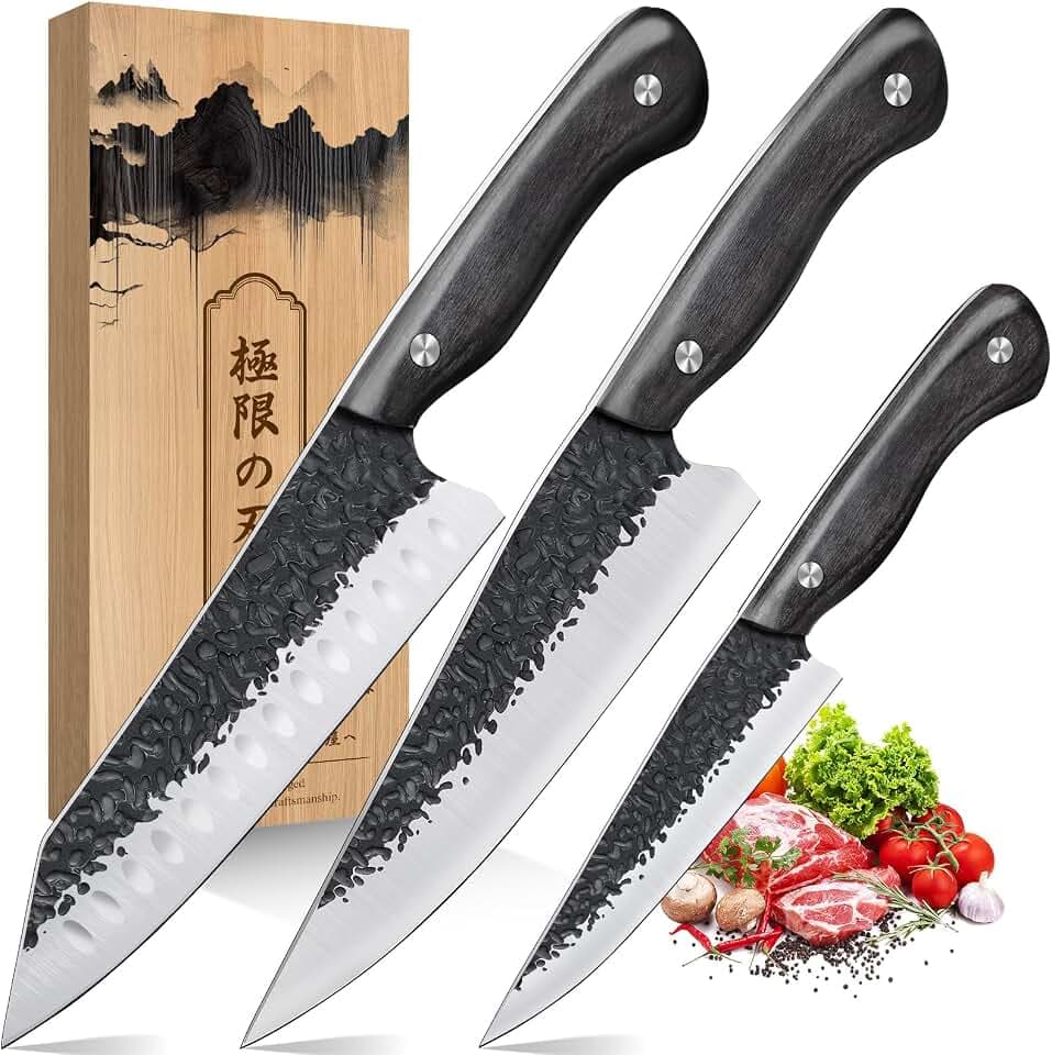 Purple Dragon Kochmesser 3er Set aus ATS-34 Stahl - rutschfester Holzgriff