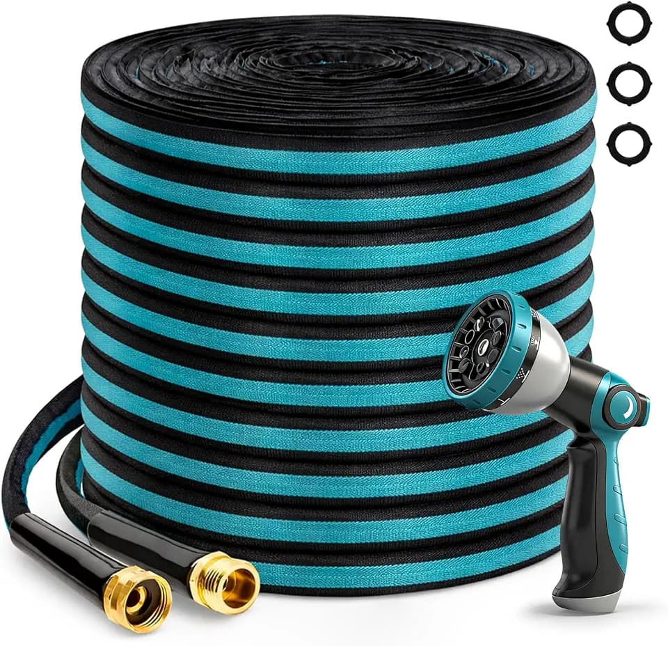 75FT Garden Hose, Kink-Free Non-Expandable Flexible Water Hose with 10-Pattern Spray Nozzle, Lightweight Leakproof Flat Hose with 3/4” Solid Brass Connector for Yard, Lawn & Outdoor Use