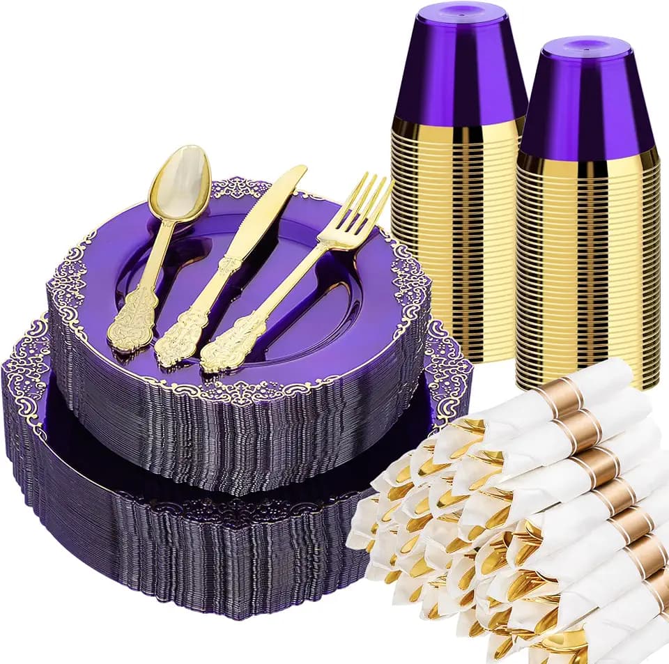 Bestluck 350PCS Purple Disposable Dinnerware for 50 Guests