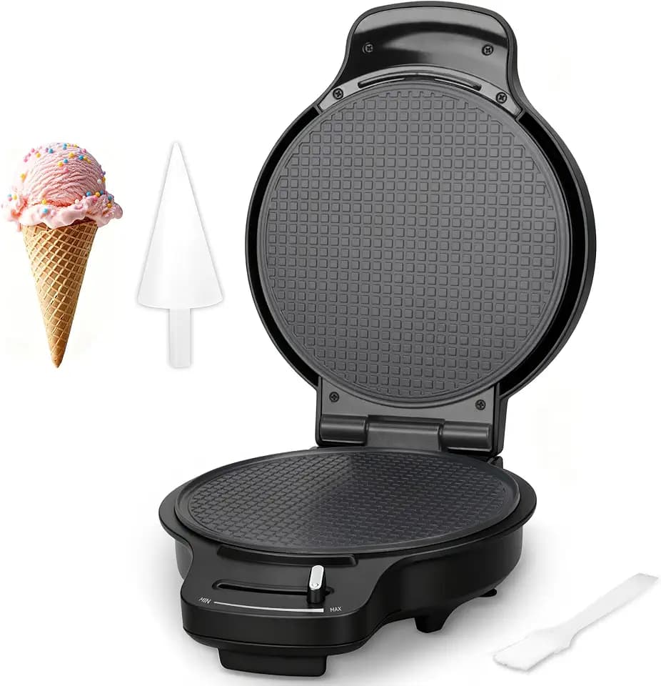 Baker's Friend Waffeleisen Eiskegel maschine mit Bräunungssteuerung, 7,5" Waffelmaschine für knusprige Eiswaffeln Hörnchen, inkl. Eiskegelroller, Antihaft Waffeleisen, Graphit