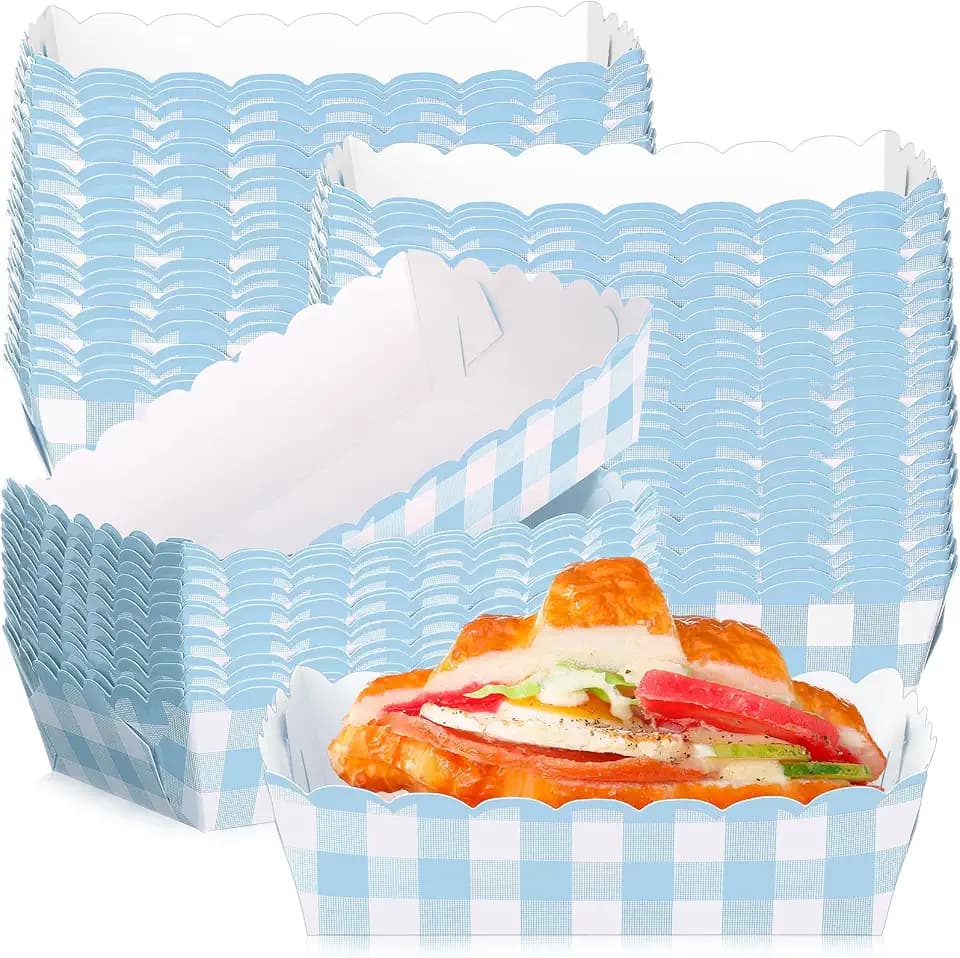 Funnymoom 48 Pcs Gingham Party Supplies Light Blue Plaid Paper Food Trays