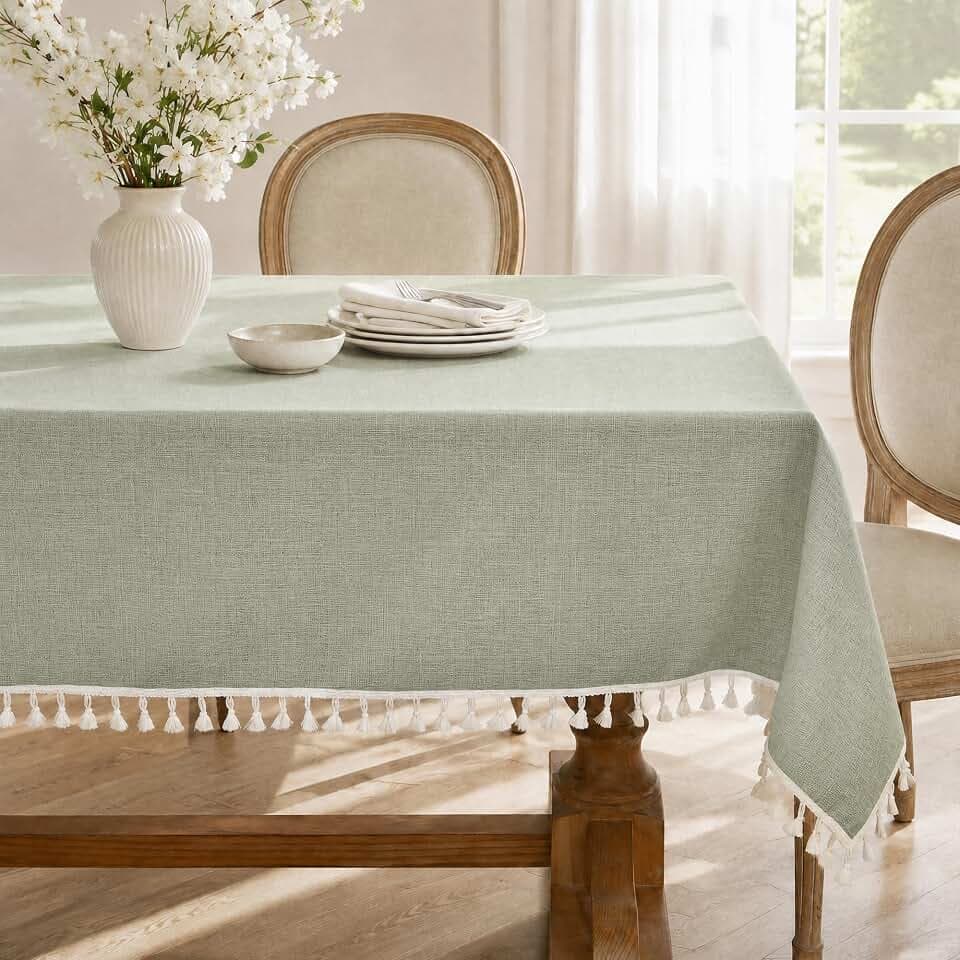 Laolitou Sage Green Rectangle Tablecloth with Tassels 55x75 Inch