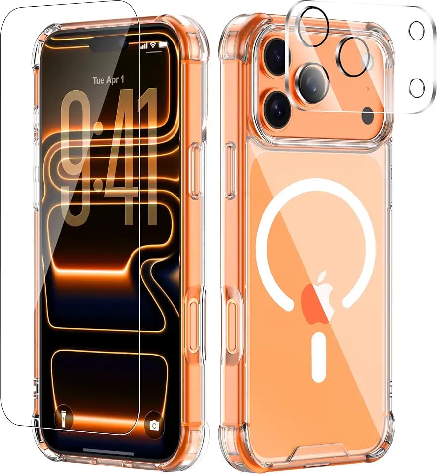 for iPhone 17 Pro Case with Tempered Glass Screen Protector & Lens Protector, Compatible with MagSafe, Military-Grade 4-Corner Shockproof, Magnetic & Anti-Yellowing Clear Case