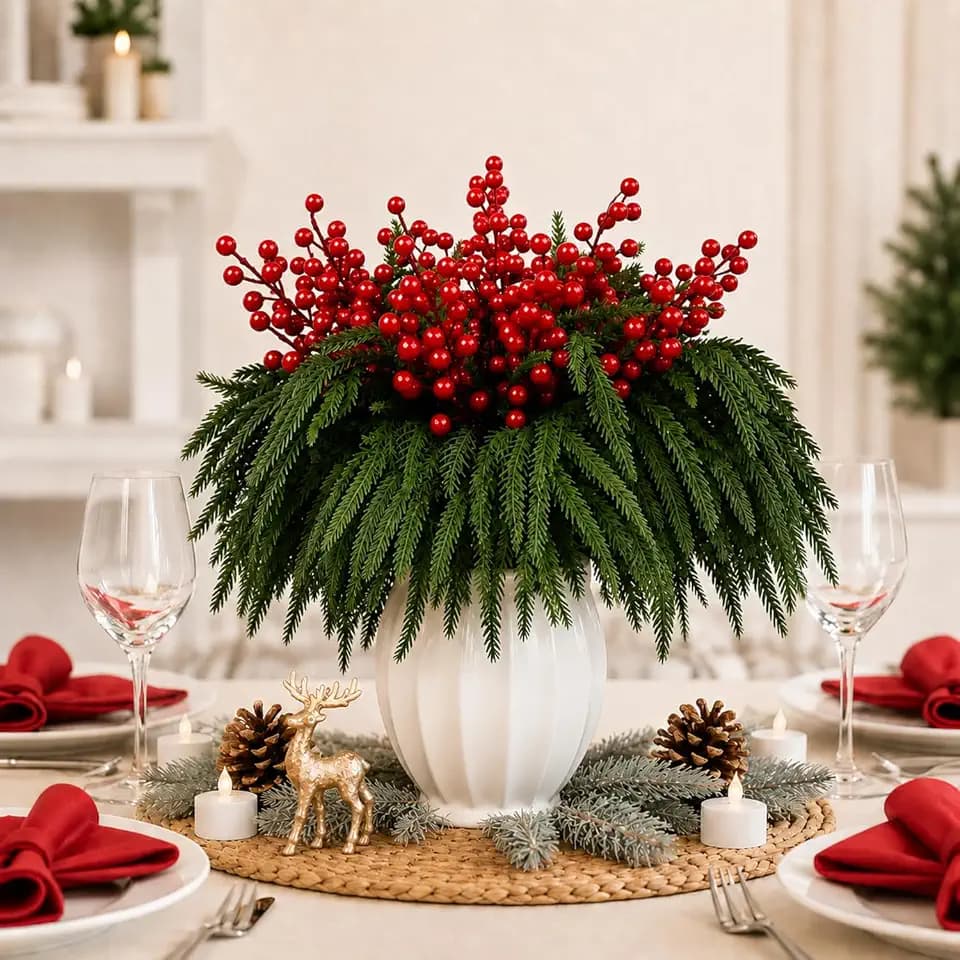 Christmas Decor, Artificial Pine Branches Red Berry for Decorations Indoor