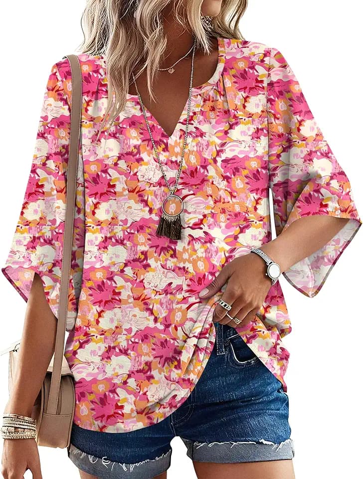 LOMON Women's 3/4 Length Sleeve Boho Tops V Neck Casual Vacation Clothes Loose Fit Tunic Shirts S-3XL