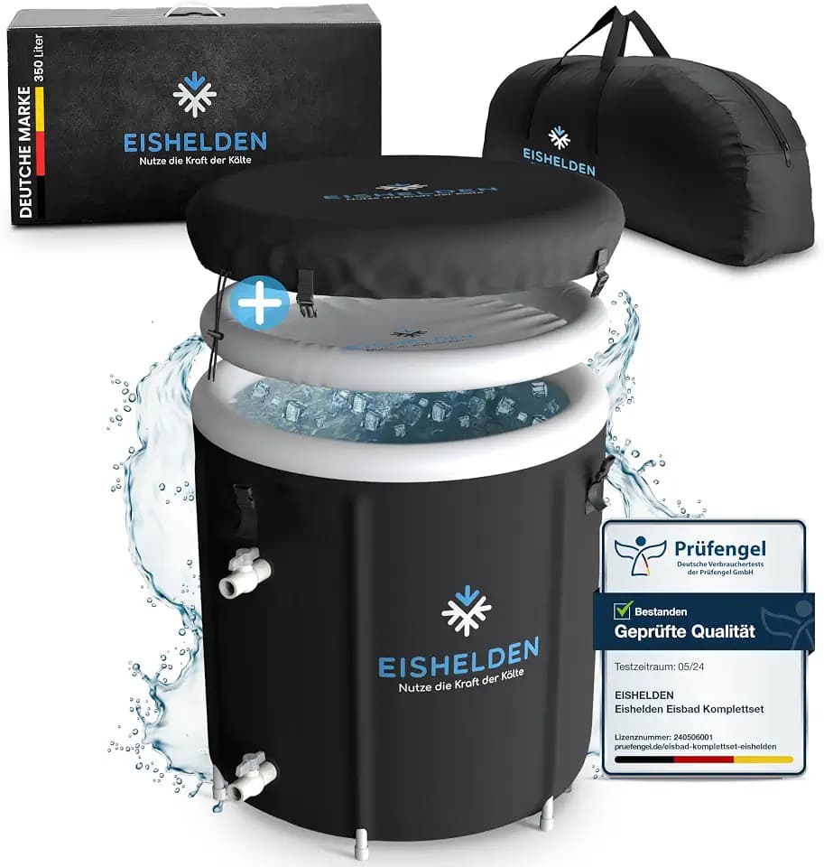 Eishelden Premium Eisbad (80 cm Ø) XL Komplettset - Kryotherapie für Sportler & Anfänger, erleben Sie die regenerative Kälte zu Hause - Eistonne mit 5 dicken Isolierschichten
