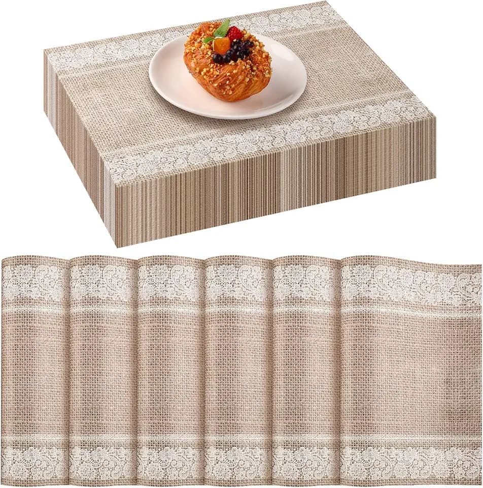 Lallisa 100 Pcs Burlap Printed Paper Place Mats 14 x 10 in Lace Disposable