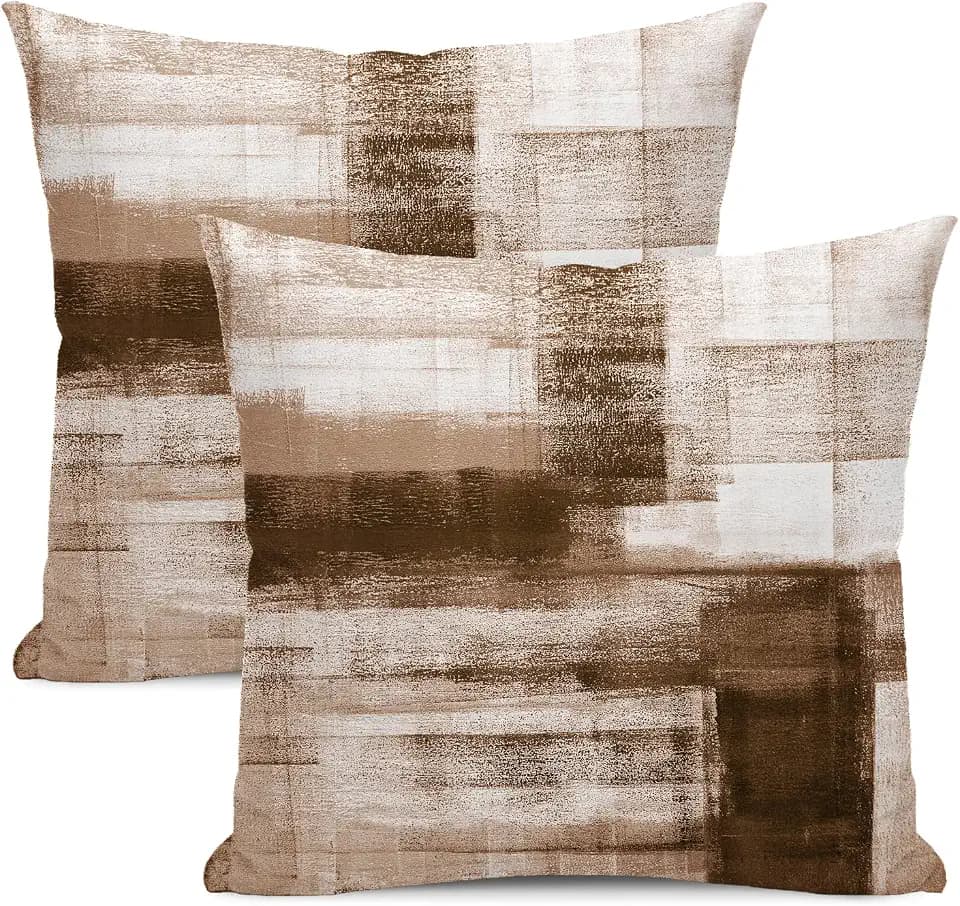 AEIOAE Brown Beige White Pillow Covers 18x18 Inch Set of 2,Abstract Art Throw Pillows Case,Modern Geometry Outdoor Decorative Square Linen Farmhouse Decor Cushion Covers for Home Sofa Bed Couch