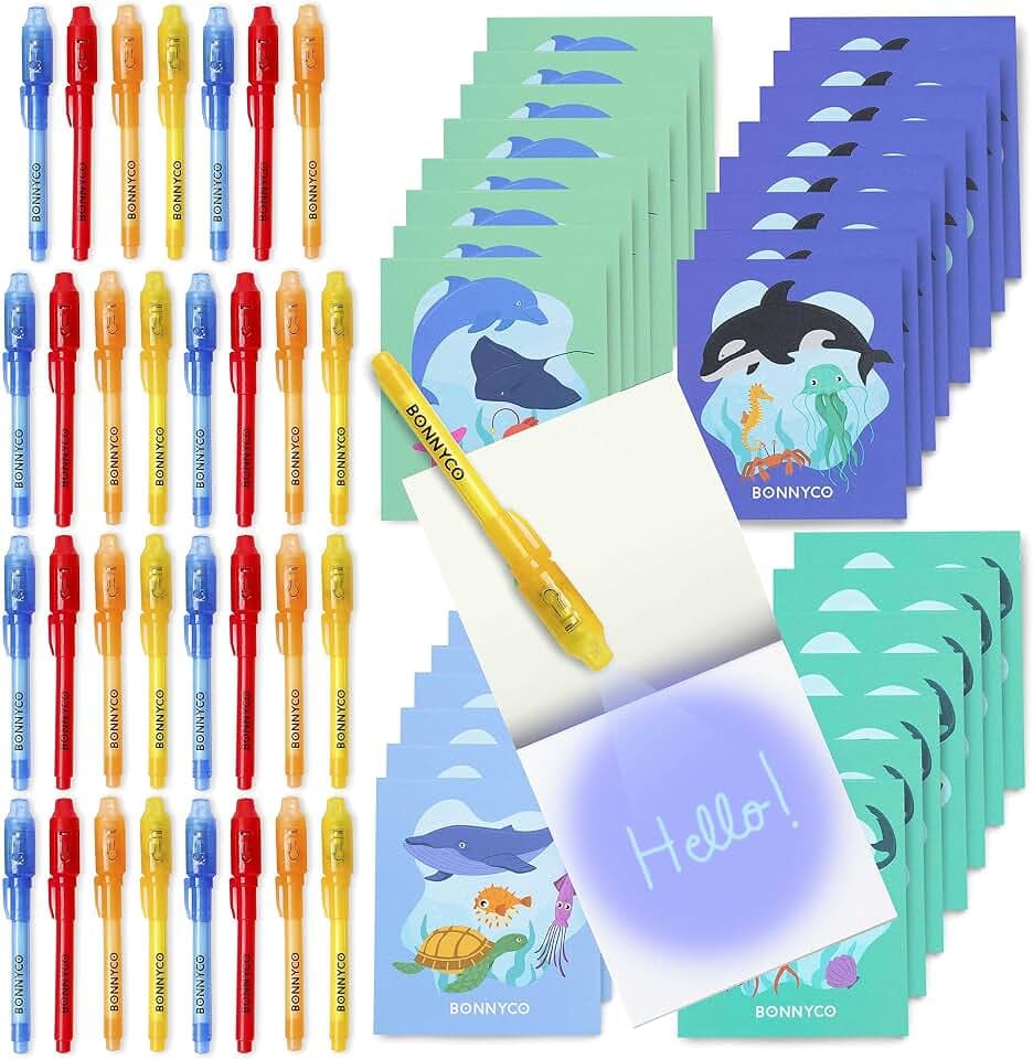 BONNYCO UV Stift und Notizbuch, 32 Stück Ozean Mitgebsel Kindergeburtstag Jungen und Mädchen. Kindergeburtstag Gastgeschenke, Kleine Geschenke für Kinder. Adventskalender Inhalt, Meer Geburtstagsdeko