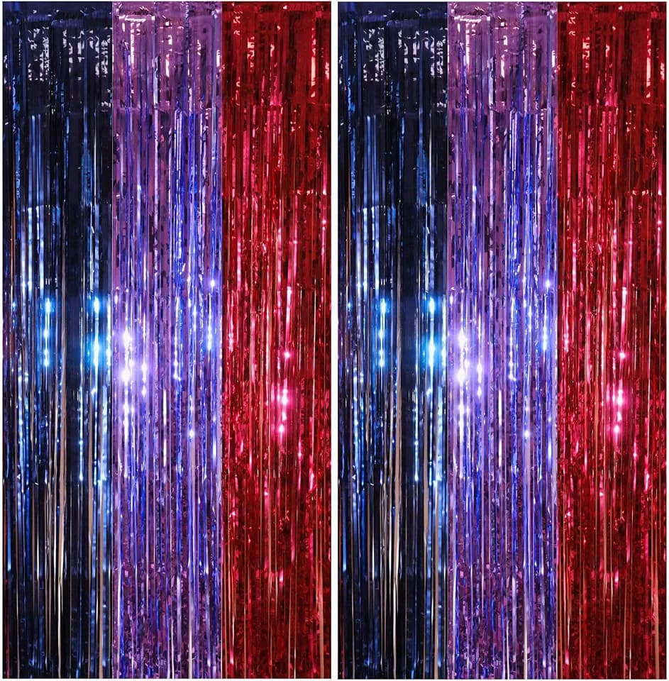 2 Pack Purple Blue and Red Foil Fringe Curtains for K-pop Themed Birthday, 3.3x6.6 ft Tinsel Backdrop for Demon Hunting Party Decorations – Extra Wide Adhesive Tape & Reusable Thick Streamers