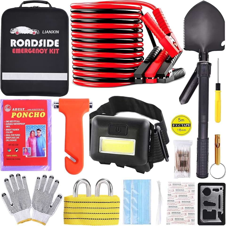 Car Emergency Kit, Roadside Safety Kit with Jumper Cables, Safety Hammer