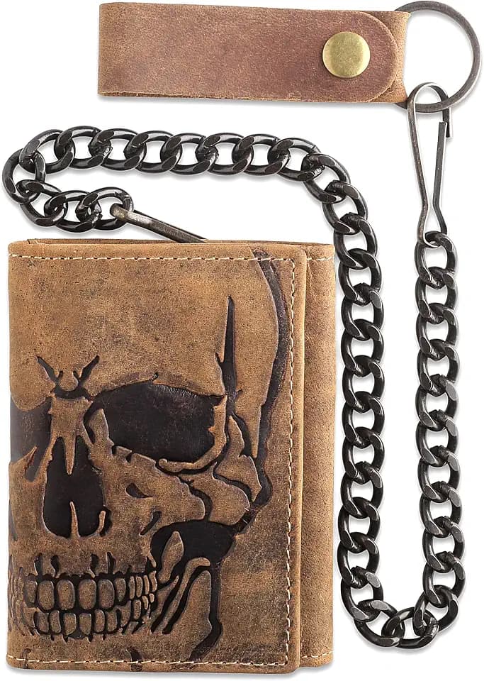 F&L CLASSIC RFID Blocking Men's Tri-fold Vintage Biker Cowhide Leather Steel Chain Wallet,Snap closure, brown,skull,315-70