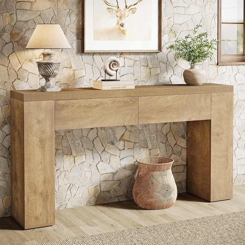 Tribesigns Konsolentisch 160 cm Mit 2 Schubladen, Schmaler Flurtisch Mit Stauraum, Moderner Holz Sofatisch Hinter Dem Sofa, Landhaus Stil Eingangstisch Für Flur Wohnzimmer Diele, Braun
