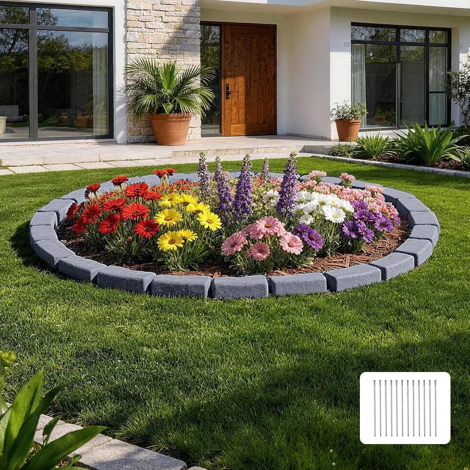 VEVOR Rasenkante in Steinoptik, 4,7 m, Beetumrandung ohne Graben, Kanteneinfassung für Rasen, Blumenbeete & Gärten, 4er-Pack (je 6 Steine ​​à 118x9,5x5,7 cm), inkl. Erdspieße & Endkappe, Grau