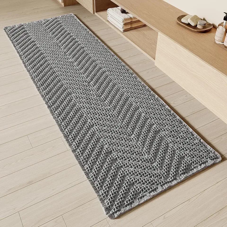 BULULOM Bathroom Runner Rug Super Absorbent Non Slip Long Bath Mat Machine Washable Boho Bathroom Rugs Quick Dry Rug Runners for Hallway Bedroom Laundry Room,Grey, 2'x 6'(24" x 72")