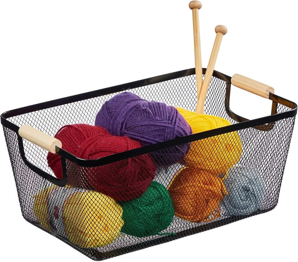 Relaxdays Drahtkorb mit Holzgriffen, eckig, Aufbewahrungskorb Metall, HBT 16,5 x 37 x 22,5 cm, Korb Küche & Bad, schwarz