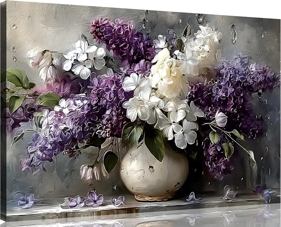 TutuBeer 1 Panel Purple Wall Art Purple Pictures Floral Canvas Prints Paintings Vintage Vase Flowers Pictures Wall Decor Living Room Bathroom Kitchen Farmhouse Decor Ready to Hang 12x18 Inches