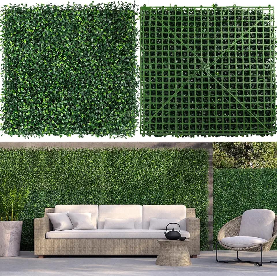 12 Pieces 20” X 20” Artificial Hedge Boxwood Panels Grass Wall Artificial Grass Wall Backdrop Panels Green Greenery Backdrop UV Stable Indoor Outdoor Decor Garden Fence