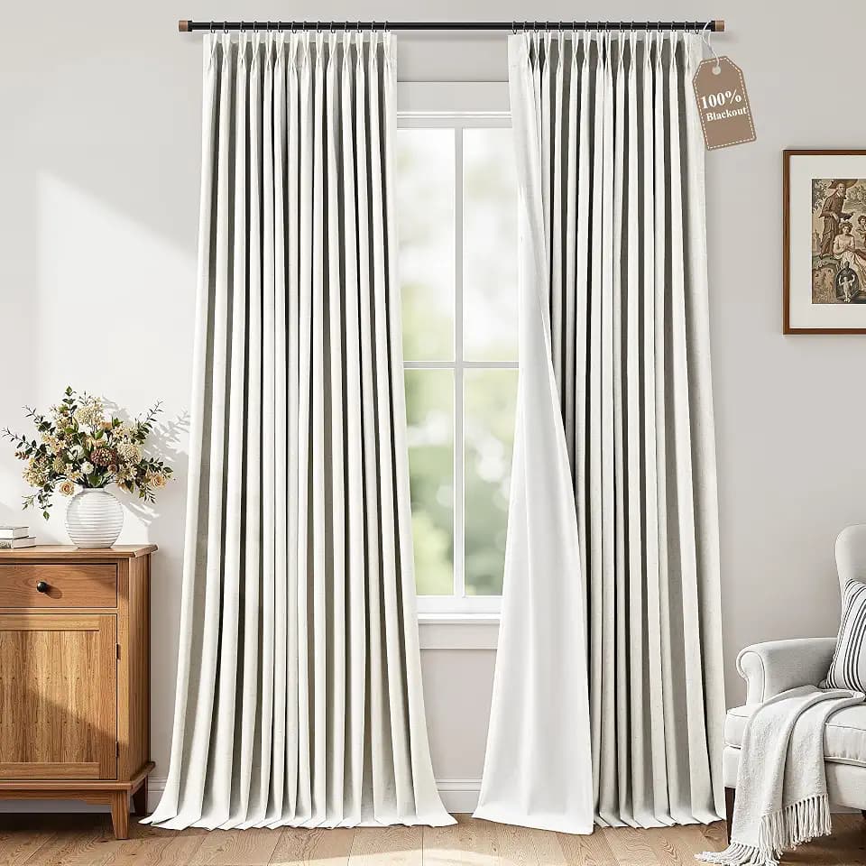 BOODII Extra Long 100% Blackout Linen Pleat Curtains 108 Inches Long White