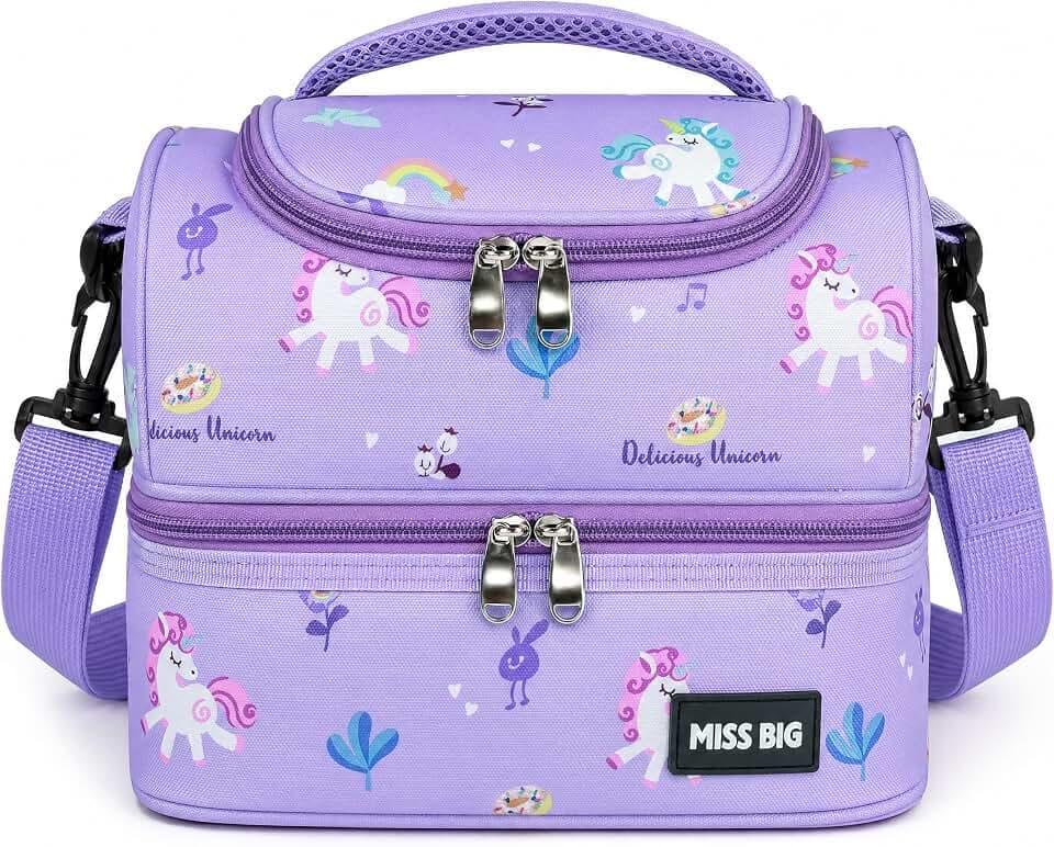 MISS BIG® Purple Unicorn Kids Lunch Bag, Dual Compartment School Bag