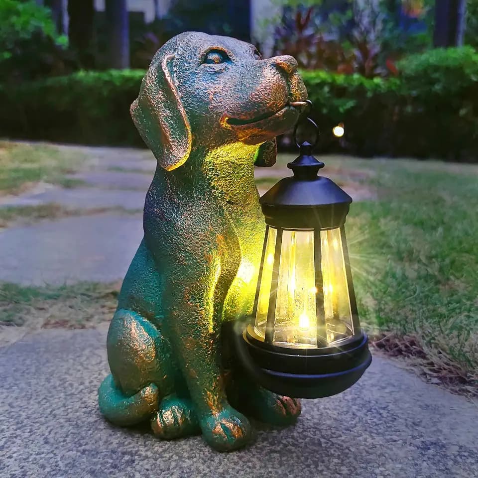 Dog Garden Statues with Solar Lantern Outdoor Decor-Dog Solar Figurines Lights Decorations for Patio Yard Lawn Ornaments-Gifts for Birthday Easter Housewarming