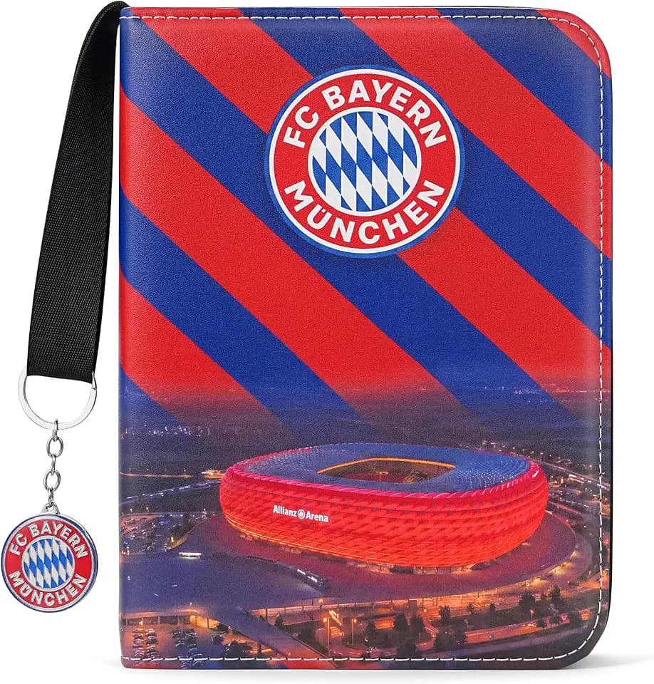 Fußball Sammelkarten Album 4 Fächer mit Edelstahl-Fußballvereinsabzeichen, Fussball Karten Sammelalbum mit Reißverschluss für Sammelalbum Fußball Karten Sammelmappe Geschenk für Kartensammler