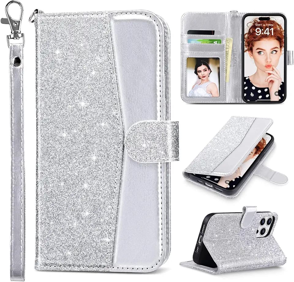ULAK Compatible with iPhone 14 Pro Max Wallet Case with Card Holder, Silver