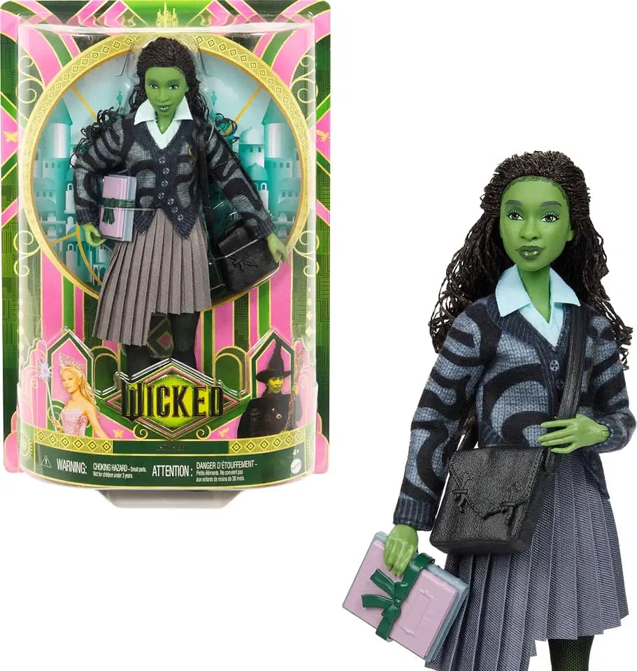 ​Mattel Universal Wicked Elphaba Fashion Doll & Accessories with Green Skin, Braided Black Hair, Posability & Removable School Uniform