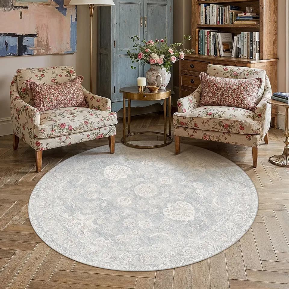 6x6 Blue Cream Neutral Round Rug