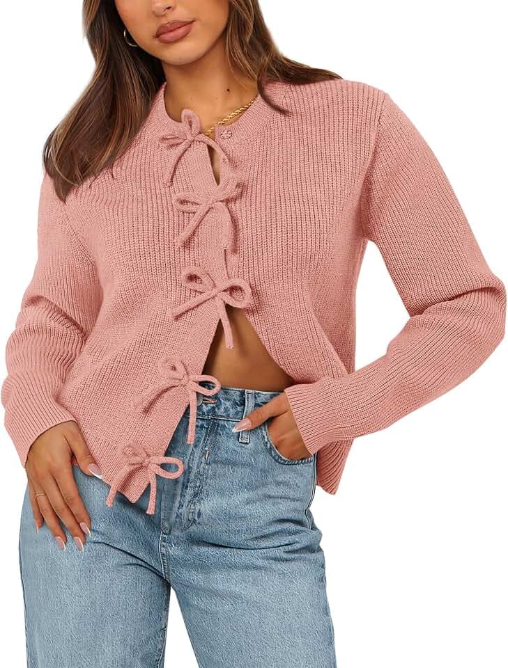 BTFBM Bow Cardigan for Women Long Sleeve Cropped Sweaters