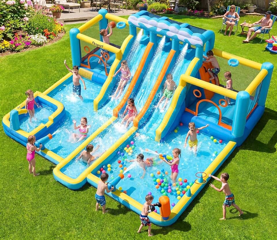 FBSPORT Bounce House Water Slide, 3 Slides 2 Bouncers for Kids Backyard