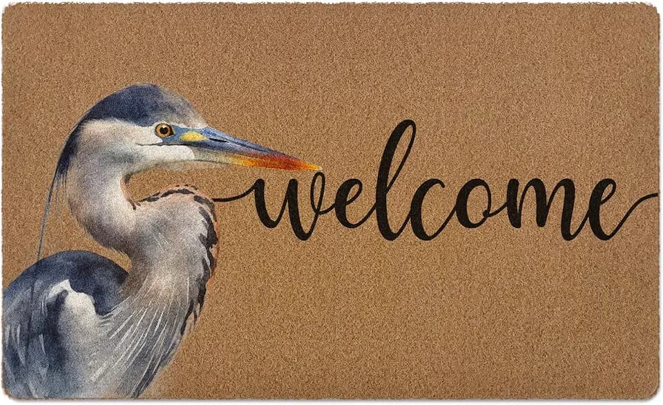 Funny Welcome Door Mat, Heron Bird Doormat, Funny Welcome Front Door Mat Indoor Outdoor Entrance, Bird Artificial Coir Doormats Rugs for Porch Patio Entryway Home Room Decor 30x17in