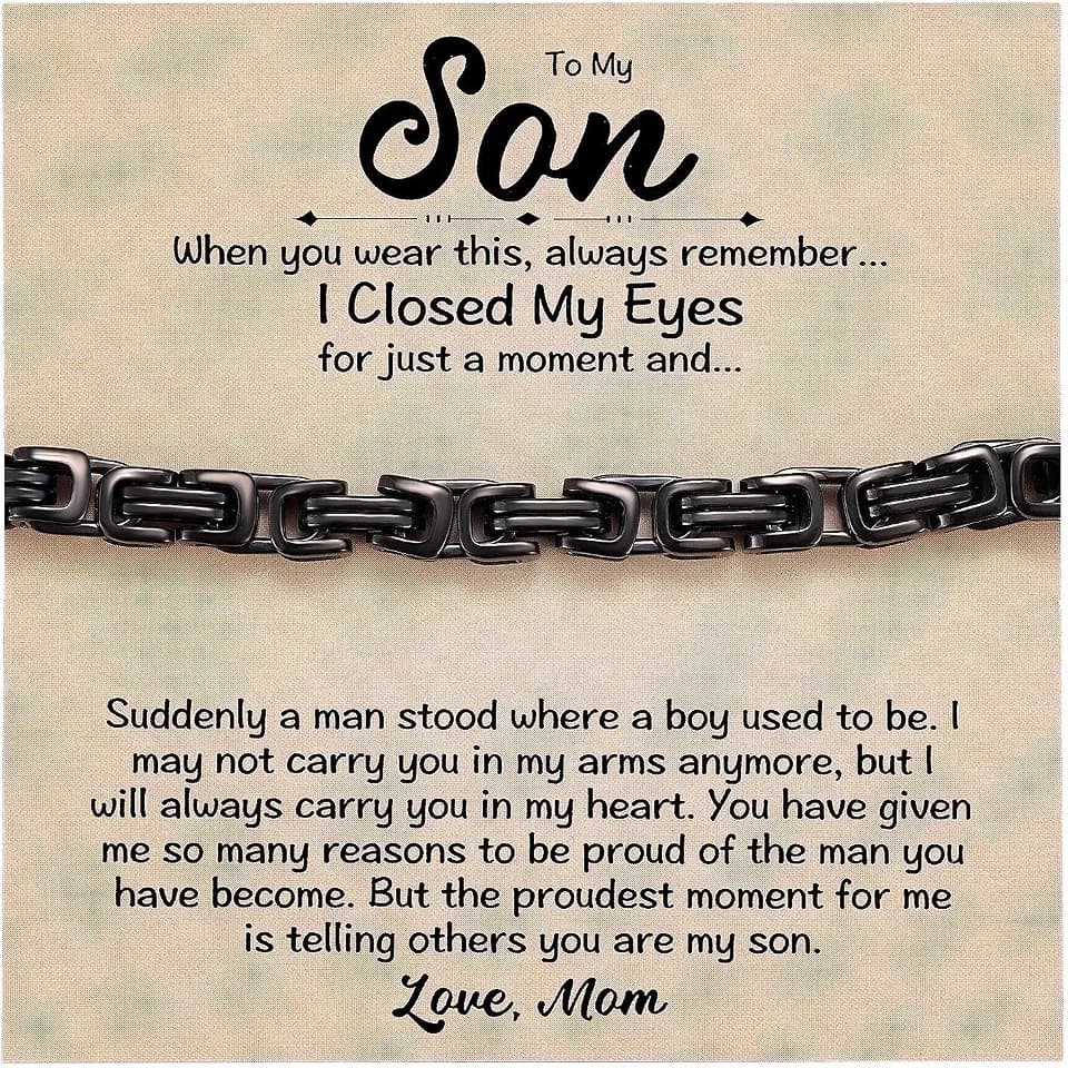 MIXJOY To My Son Gift from Mom, Stainless Steel Cuban Bracelet, Proud of You, Mom to Son I Love You Gifts, Sentimental Quote I Closed My Eyes Gift for Son's Wedding Day, Graduation, Birthday, Black