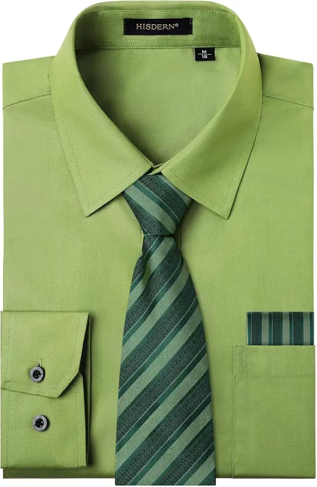 HISDERN Herren Hemd Langarm Einfarbige Hemden mit Krawatte und Taschentuch Formelle Businesshemd Hochzeit Freizeithemd mit Brusttasche Regular Fit