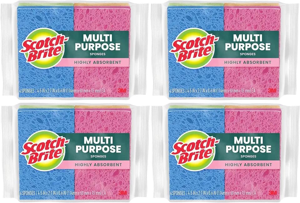 Scotch-Brite Multi-Purpose Kitchen Sponges, 16 Total (4 Packs of 4), Highly Absorbent Non-Scratch Dish Sponges, Plant-Based Fibers, Dishwasher-Safe, America’s #1 Sponge Brand