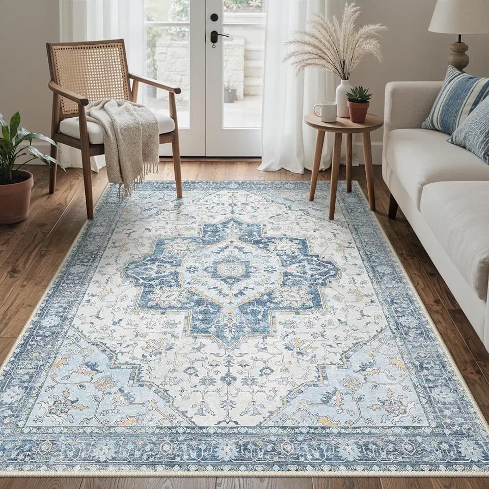 BEIMO Vintage Waschbarer Teppich Wohnzimmer, 160x230cm Hellblau