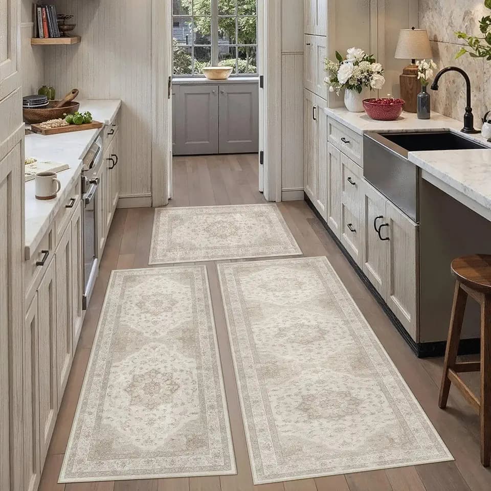 HUGEAR 3-Piece Beige Neutral Kitchen Rug Set
