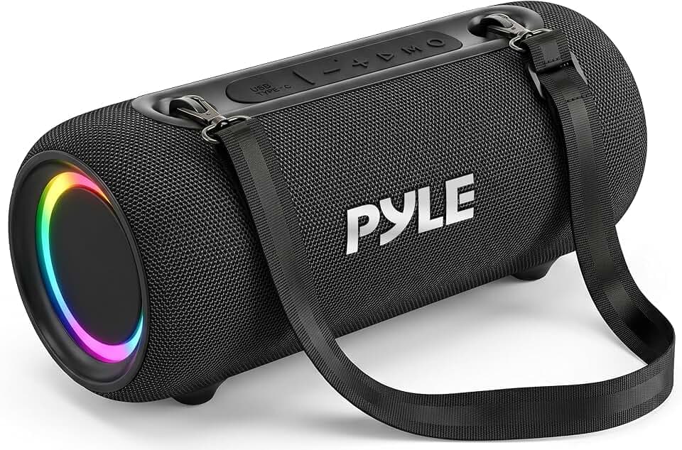Pyle Portable Bluetooth Speaker - RGB LED, IPX5 Waterproof, TWS Stereo Pairing, USB/AUX/FM, Built-in Mic, USB-C Charging, 7H Battery, Shoulder Strap - Party, Outdoor, Travel, Home - PBTPSP25BK
