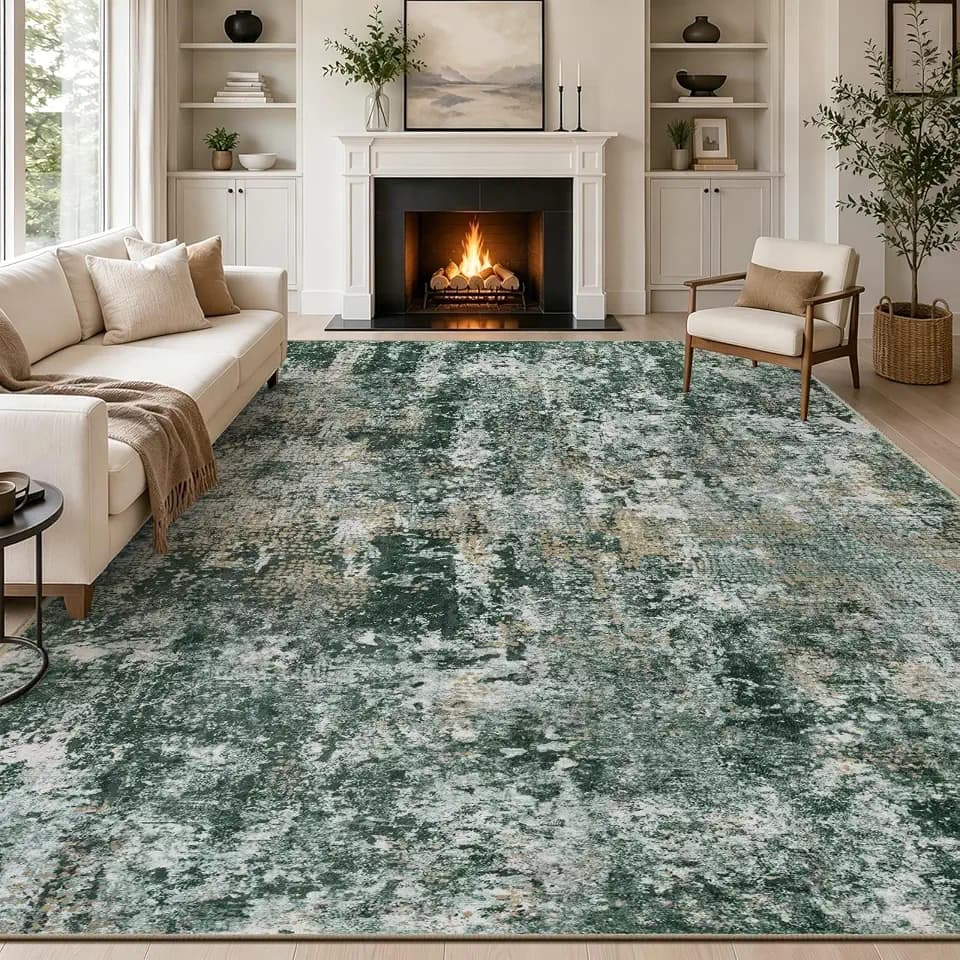 Capslpad Grüner abstrakter Teppich, 240 x 340 cm, moderner Kurzflor-Teppich, weiche Kunstwolle, Wohnzimmerteppich, waschbar, rutschfest, minimalistische Bodenmatte, Teppiche für Wohnzimmer