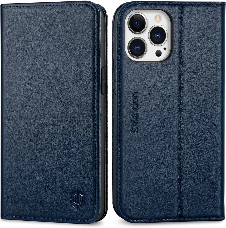 SHIELDON Genuine Leather Case Wallet for iPhone 13 Pro 6.1" 2021, Navy Blue