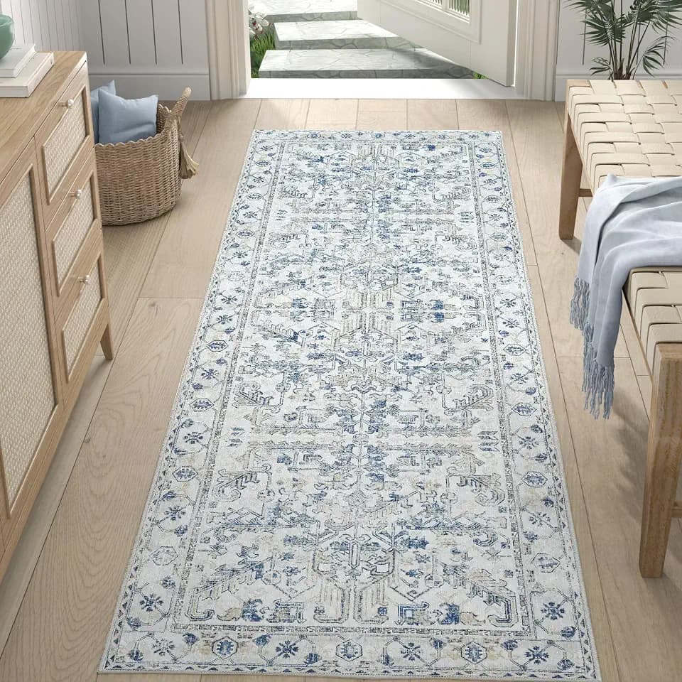 jinchan 2x6 Washable Hallway Runner Rug, Vintage Floral Non-Slip, Blue