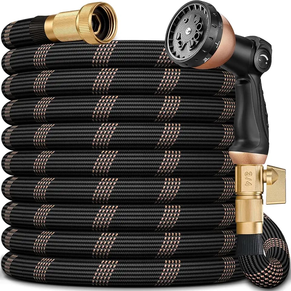 Garden Hose 75FT, Lightweight Flexible Water Hose, 5/8" Kink Free Leak Proof Hose, Heavy Duty 96-Layer Woven with 3/4" Brass Fittings, 10 Function Nozzle for Yard Lawn Outdoor Car Wash(BlackRosegold)