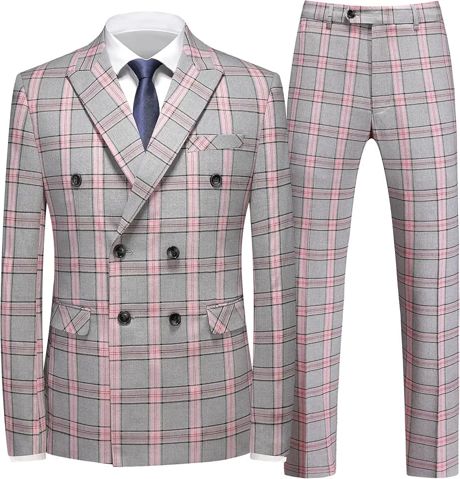 MOGU Mens 3 Piece Slim Fit Plaid Suit Blazer Jacket+Vest+Pants