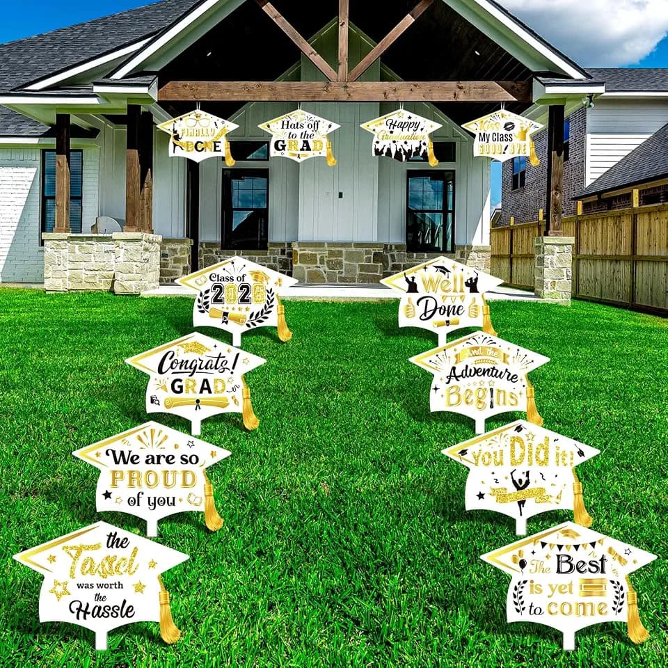 Chunful 12 Pack Graduation Yard Signs Grad Decoration 2026 Happy Graduate Lawn Garden Sign with Stake Congrats Outdoor Plastic Cap Hanging Ornament for Class Pathway Walkway Porch Party(White Gold)