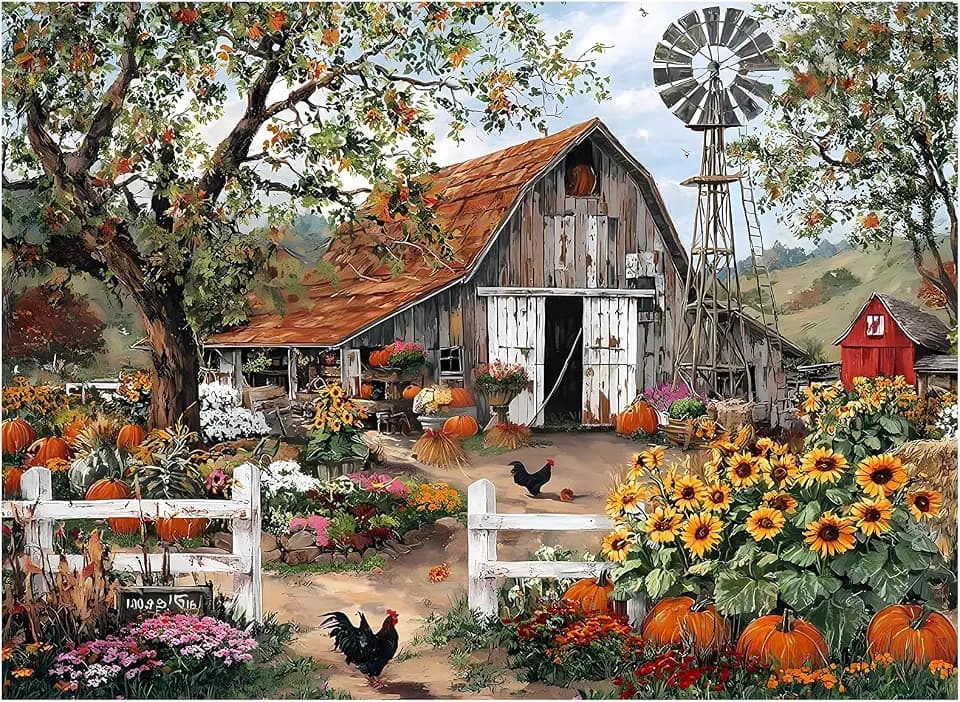 Puzzle for Adults 500 Pieces, Jigsaw Puzzle Fall Harvest Autumn Farmhouse Pumpkin Sunflower, Rustic Country Barn, Relaxing Puzzles 500 Piece for Teens Seniors, Home Decor Gift Family Game Nights
