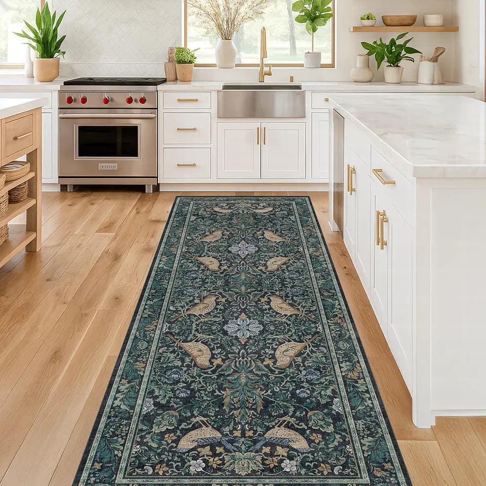Hazo Haus Boho Vintage 2'6"x8' 8ft Hallyway Long Runner Rug - Non Slip Washable Front Door Rug Indoor Entrance, Kitchen, Bathroom, Low Pile & Soft Woodland Floral Kitchen Floor Mats