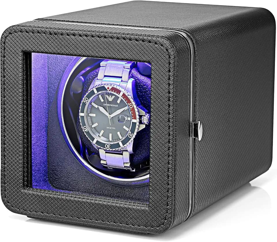 VLANDO Automatik Uhrenbeweger, Modern Uhrendreher mit Japanischem Motor, Watch Winder 1 Uhr, 4 Rotation, LED Licht, Type C, PU Leder Mesh-Textur