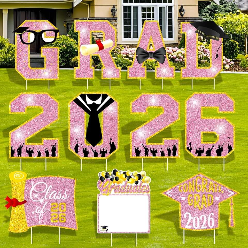 2026 Graduation Decorations Yard Signs, 11PCS Graduation Yard Signs Class of 2026, Pink Gold Congrats Grad Lawn Decorations with Stakes, Large Outdoor Graduation Party Decor for High School & College